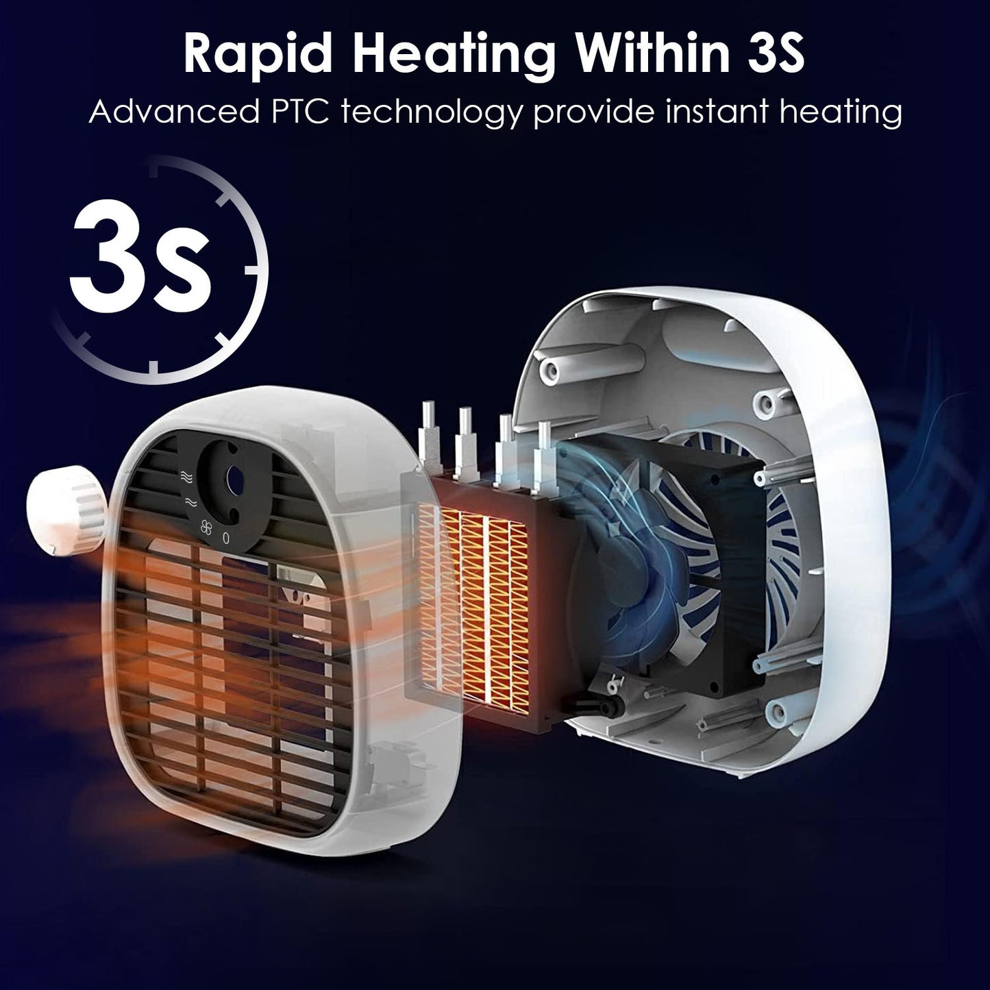 1Pc Portable Electric Heater Cooler 3 Gear PTC Ceramic Space Heater Overheating Tip Over Protection 3S Heating Space For 269 Sqft Home Office Use